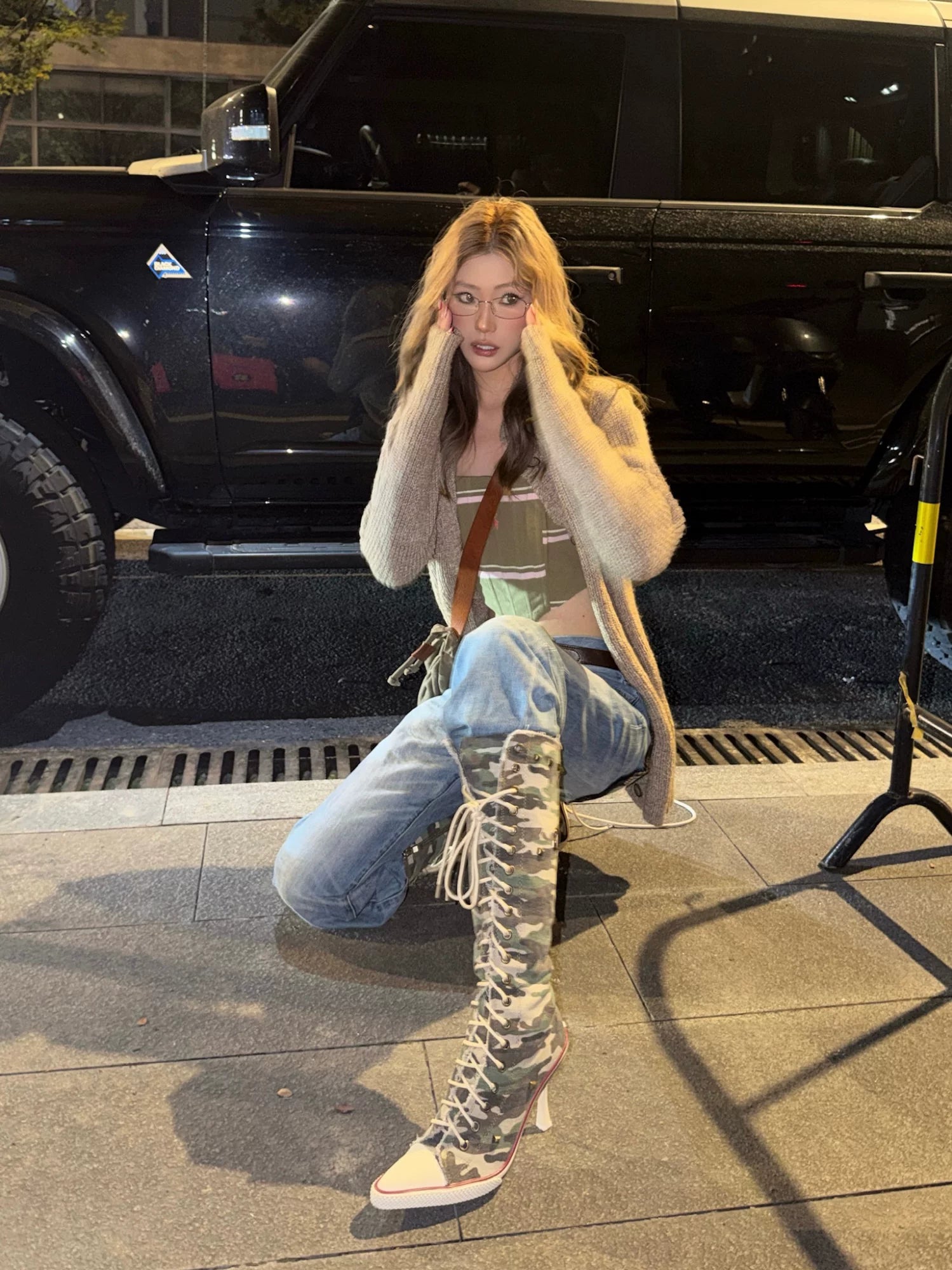 Studded Canvas Knee-High Boots