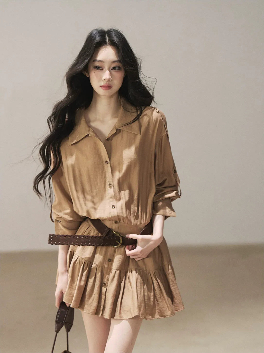 High-Waist Ruffle Shirt Dress