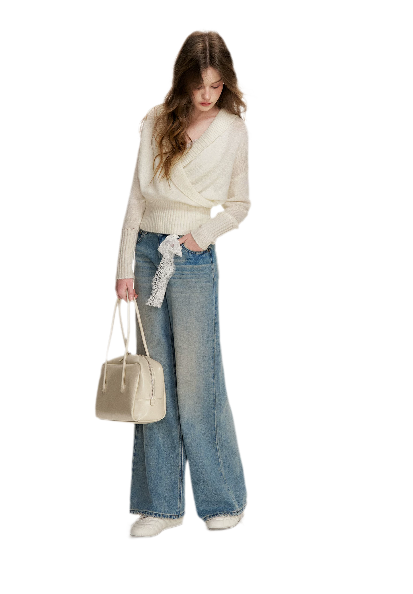Lace-Trimmed Wide-Leg Denim Pants