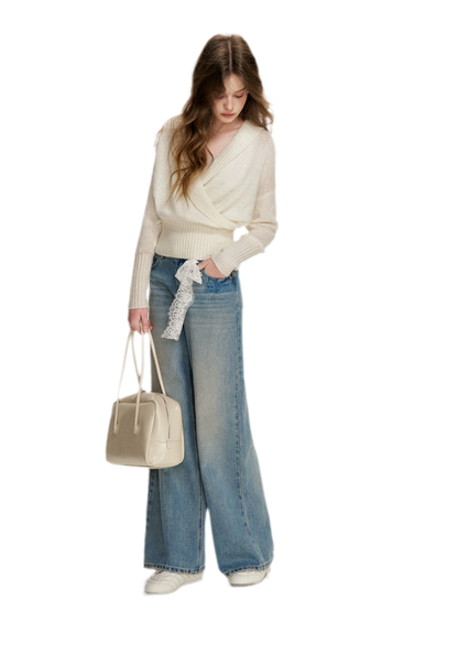 Lace-Trimmed Wide-Leg Denim Pants