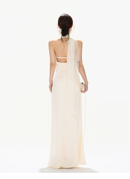 French Style One-Shoulder Backless Halter Long Dress