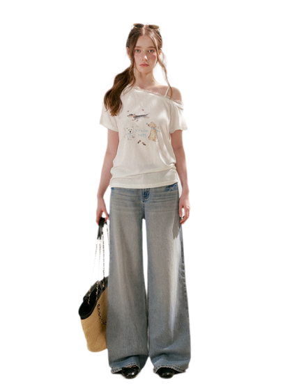 Tencel Cotton French Lace Puppy Print Asymmetric T-Shirt
