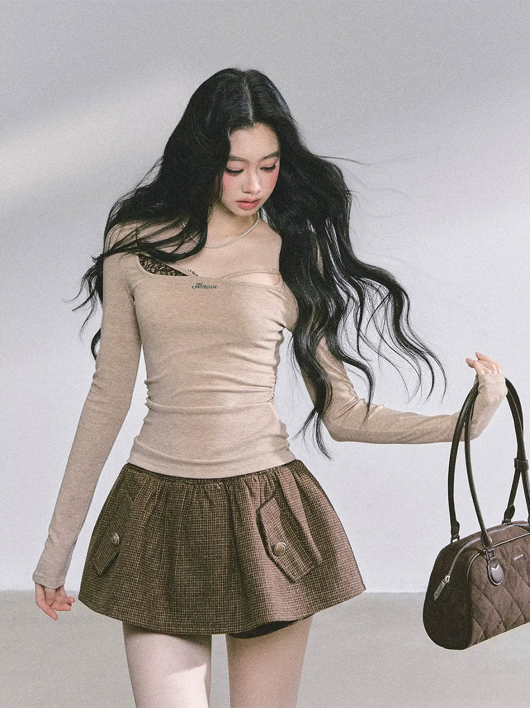 Lace Panel Fitted Long-Sleeve Top