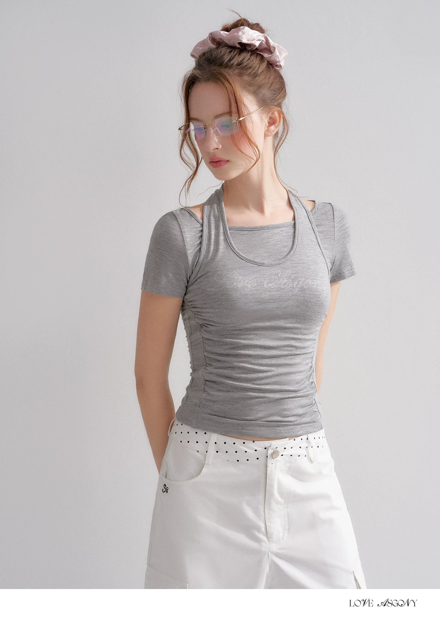 Lyocell Rhinestone Pleated Short Sleeve T-Shirt