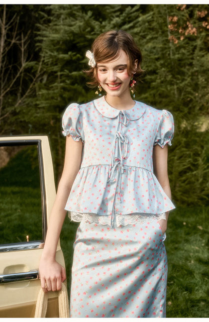 Soft Misty Blue Doll Collar Satin Floral Shirt