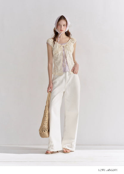Embroidered Washed Wide-Leg Jeans