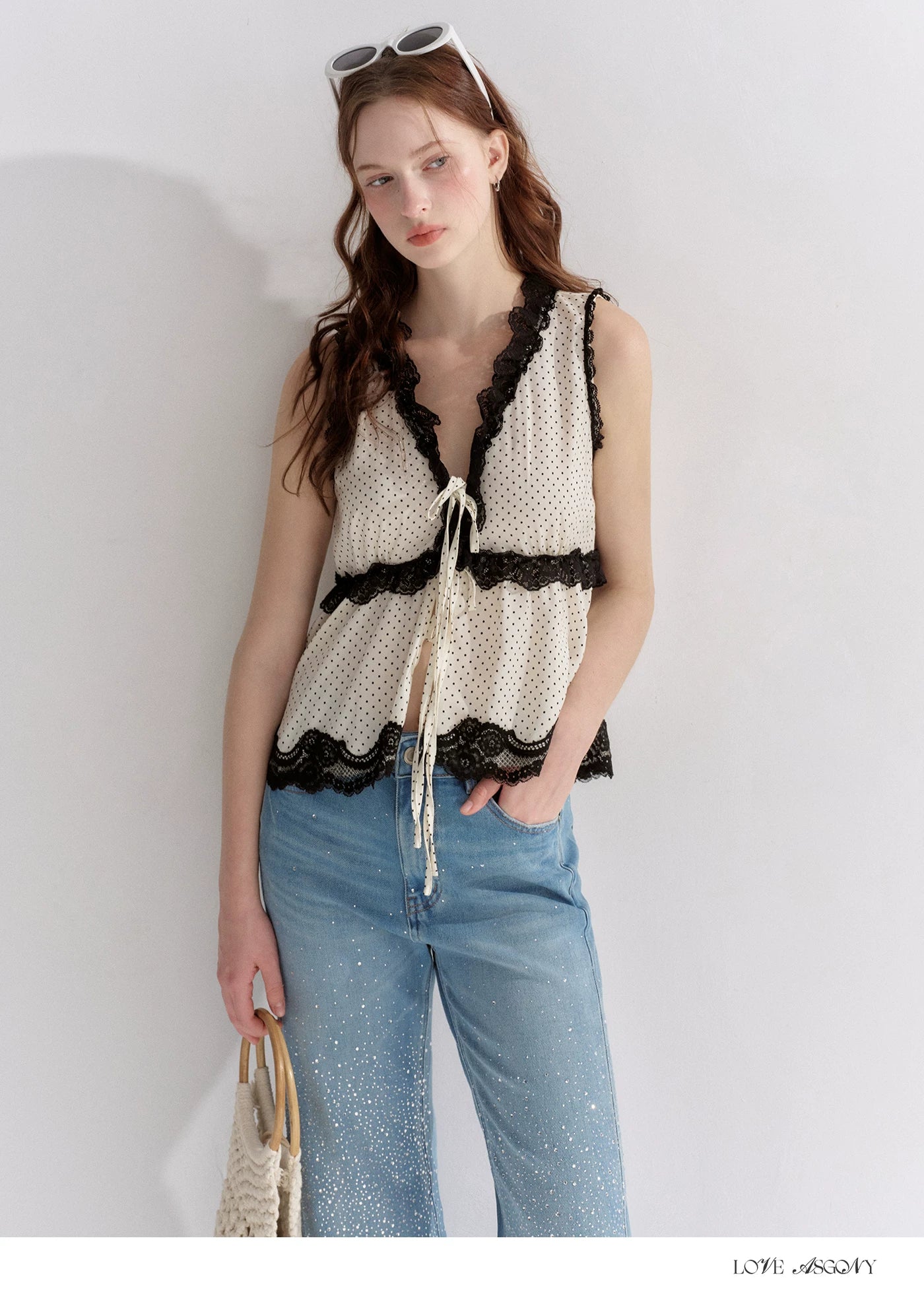 V-Neck Lace Polka Dot Waist-Defined Sleeveless Top