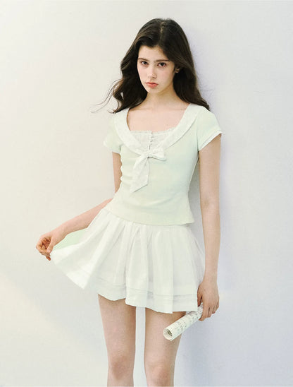 Bow Tie Floral Patchwork Short Sleeve T-Shirt