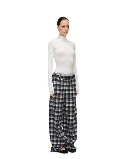 Brushed Plaid Wide-Leg Pants
