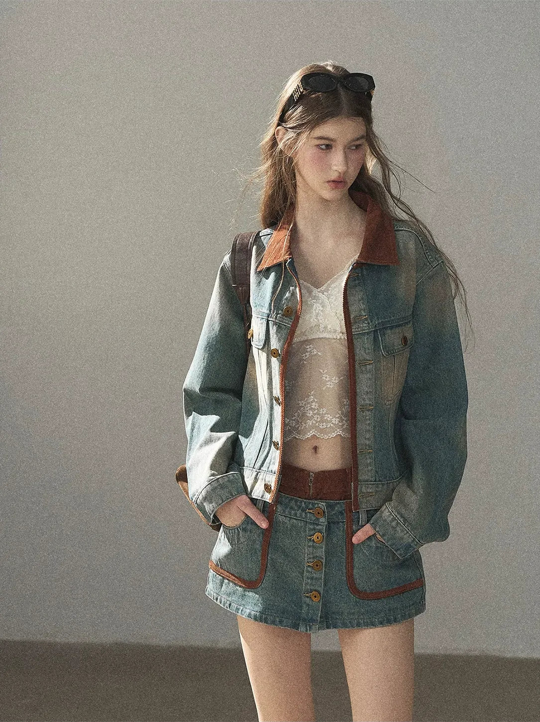 Washed Denim Jacket Skirt Set