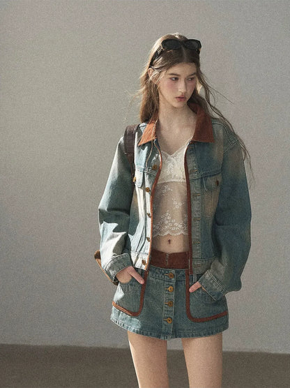 Washed Denim Jacket Skirt Set