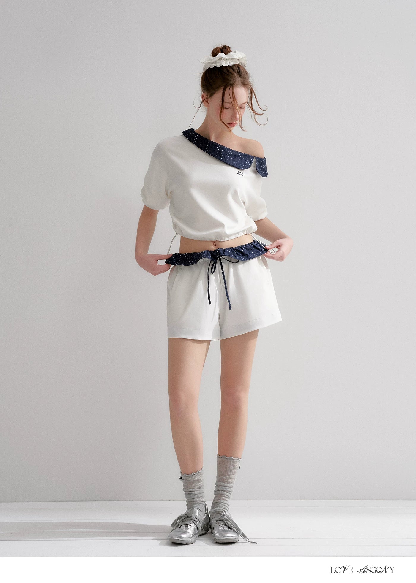 Vintage Polka Dot Asymmetric Short Sleeve Sweatshirt