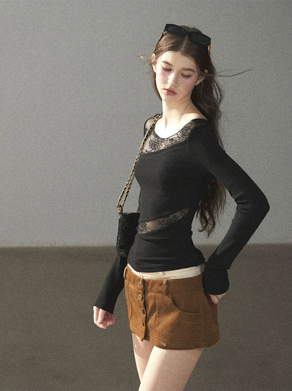 Lace Spliced Slim Fit Top