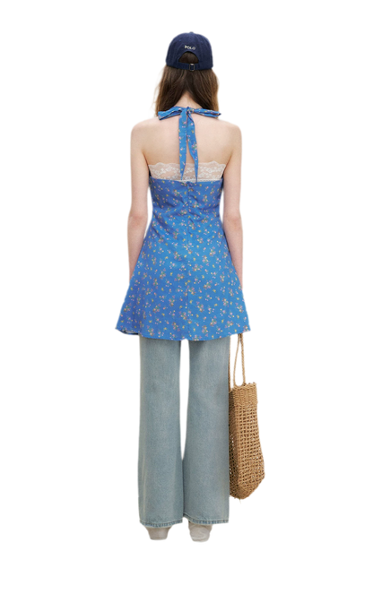 Romantic French Halter V-neck Floral Dress