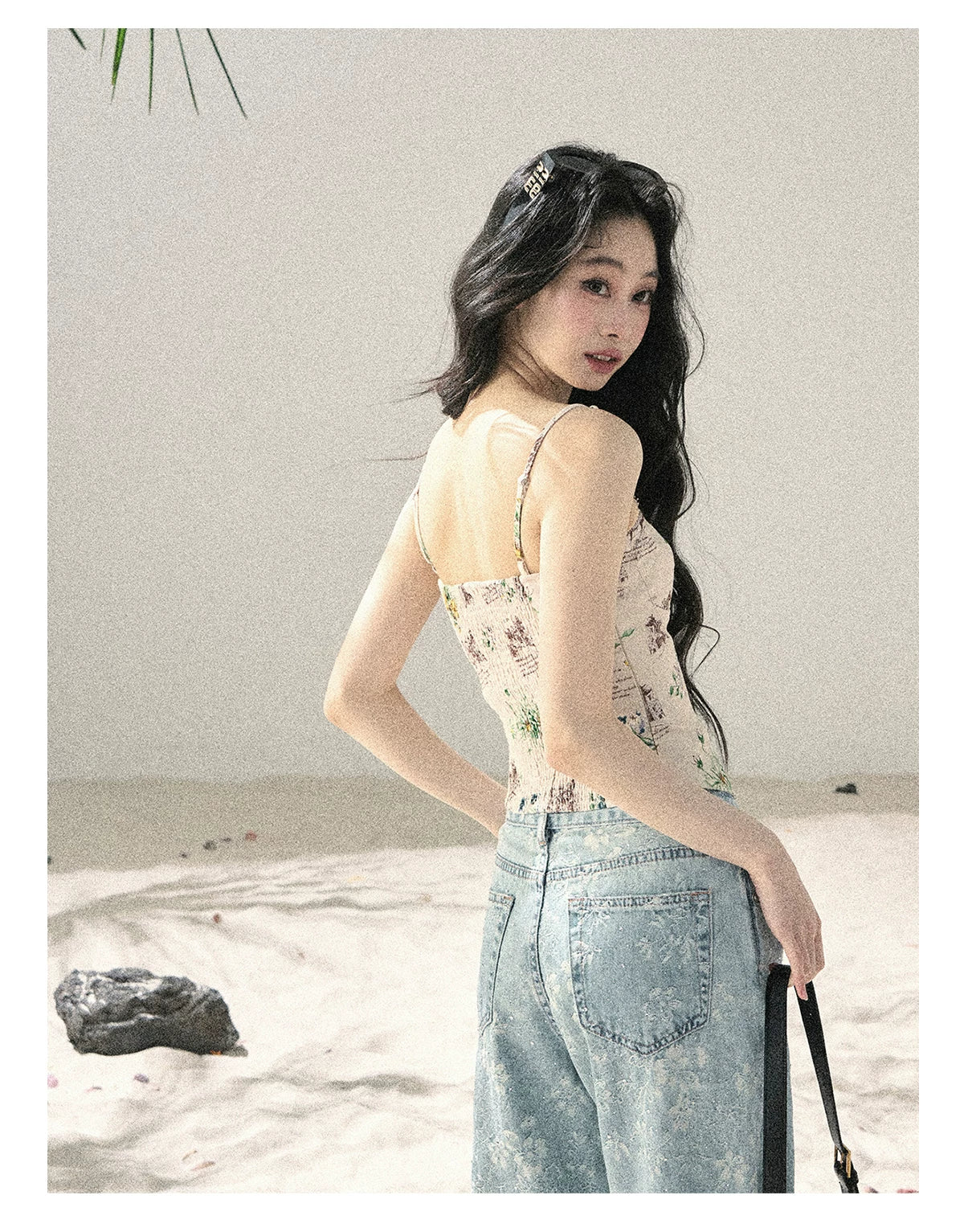 American Style Rhinestone Floral Denim Pants