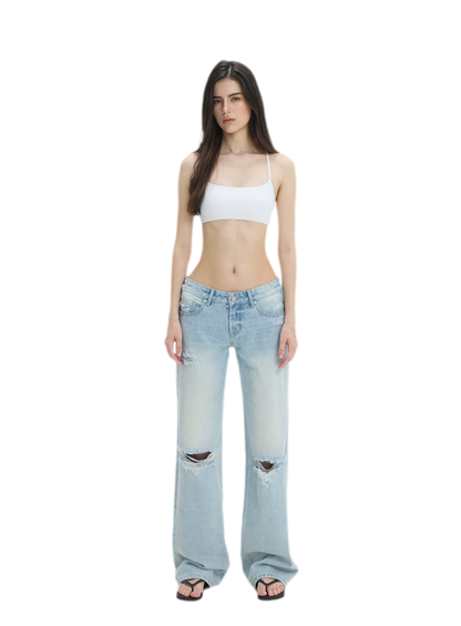 Washed Distressed Straight-Leg Jeans