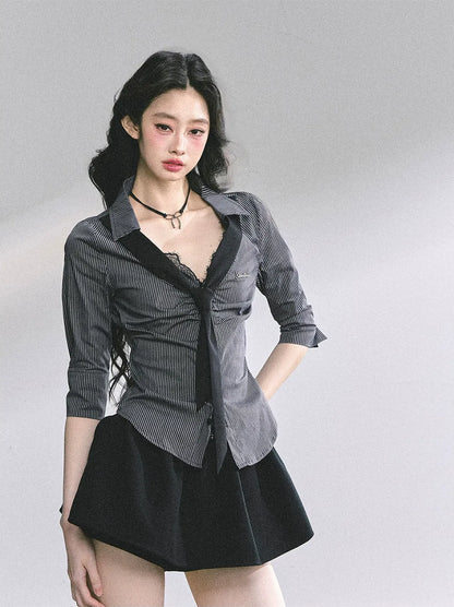 細條紋蕾絲 Polo 衫