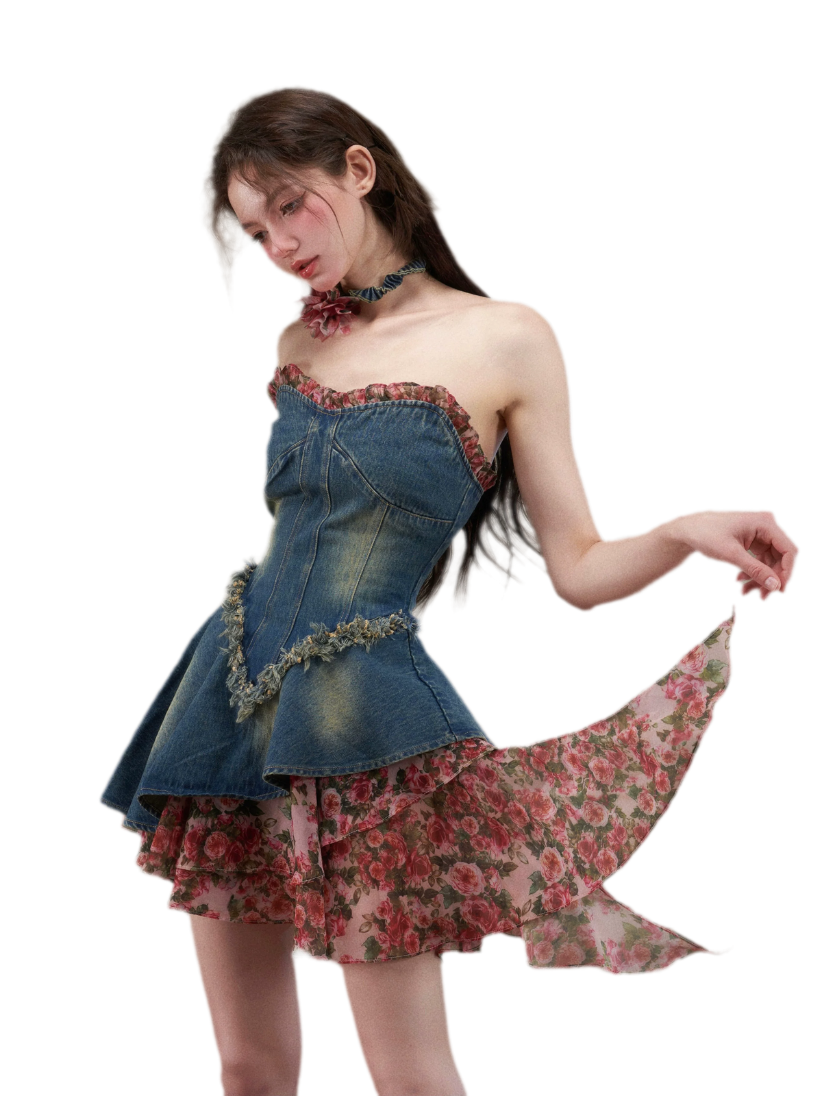 Washed Denim Rose Panel Dress