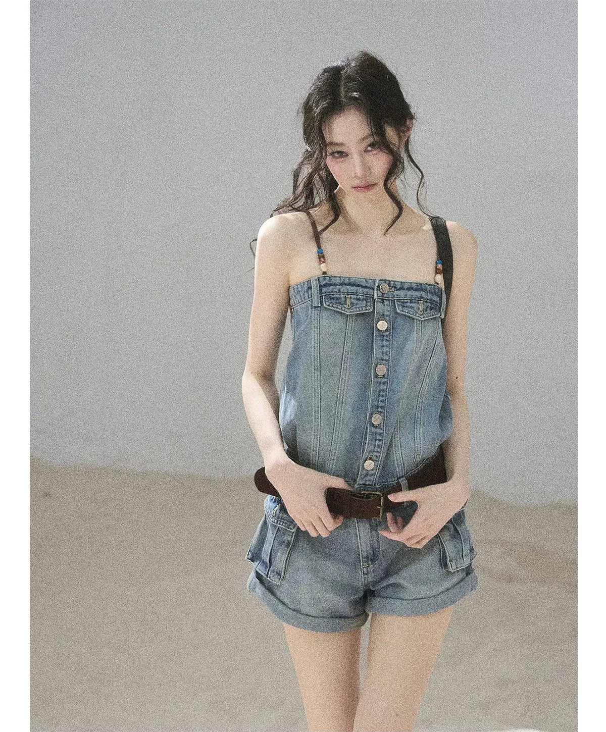 Washed Denim Jumpsuit Shorts