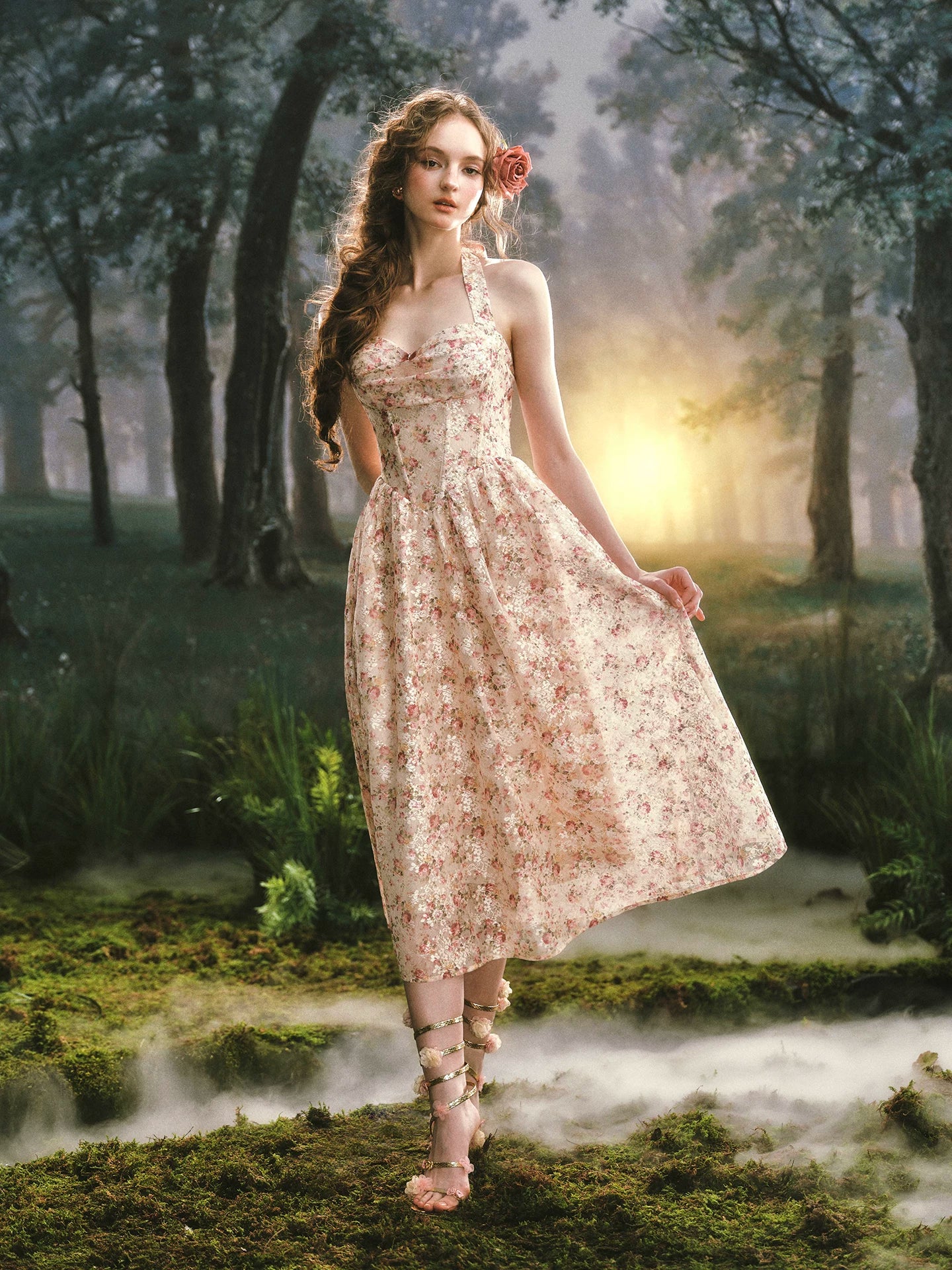 Forest Rose French Retro Floral Halter Long Dress