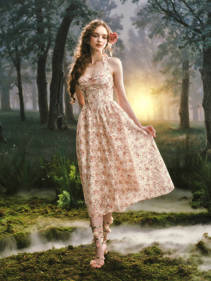 Forest Rose French Retro Floral Halter Long Dress