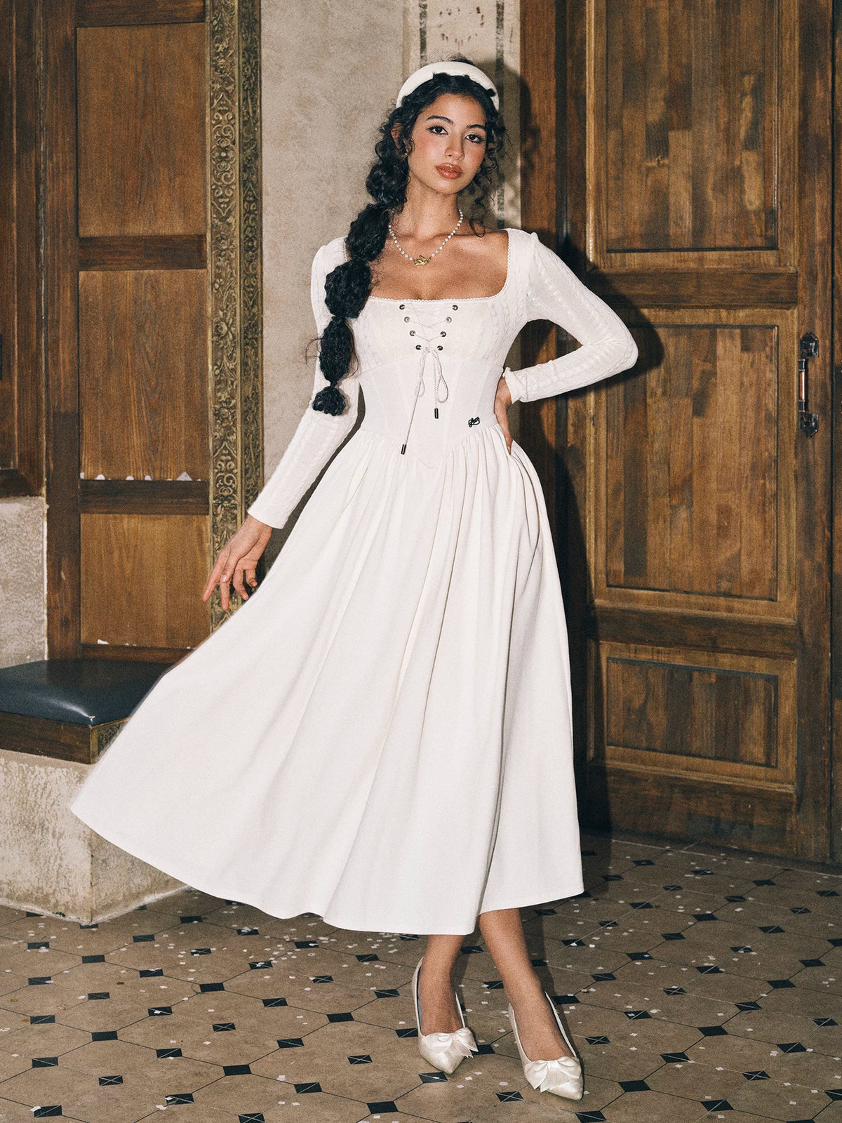 Stretch Lace-Up A-Line Dress