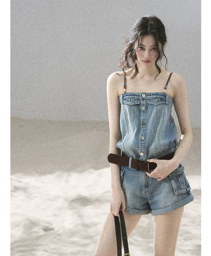 Washed Denim Jumpsuit Shorts