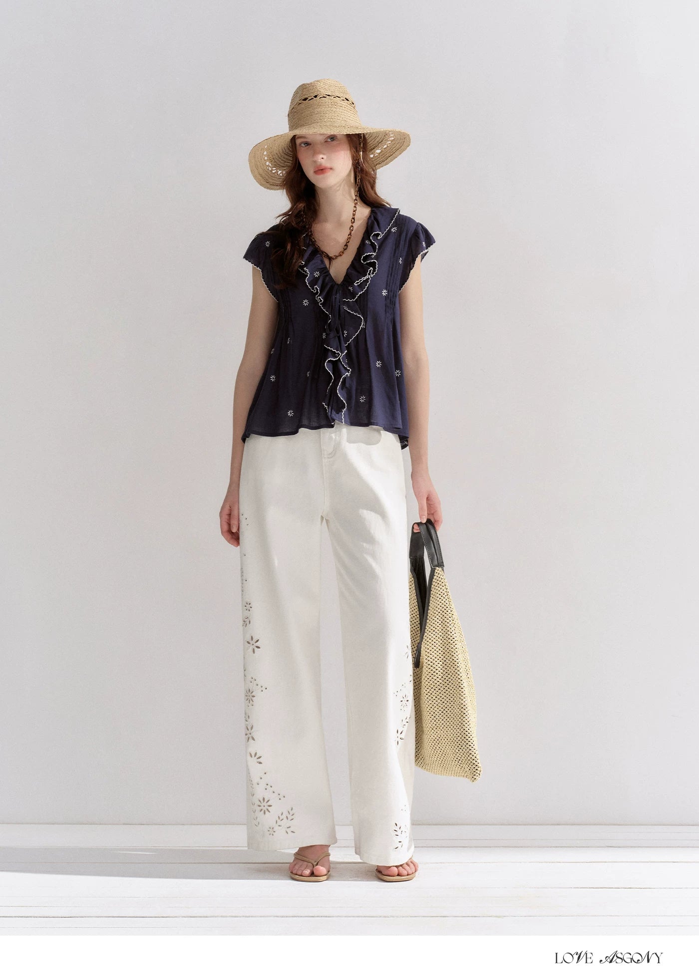 Cotton-Feel Embroidered Ruffle Sleeve Blouse