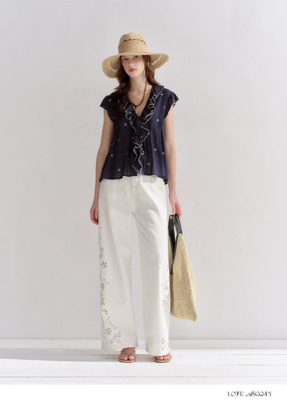 Cotton-Feel Embroidered Ruffle Sleeve Blouse
