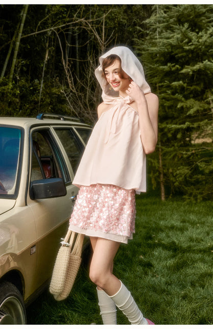 Babypink Satin Ribbon Top &amp; Sequin Skirt Set