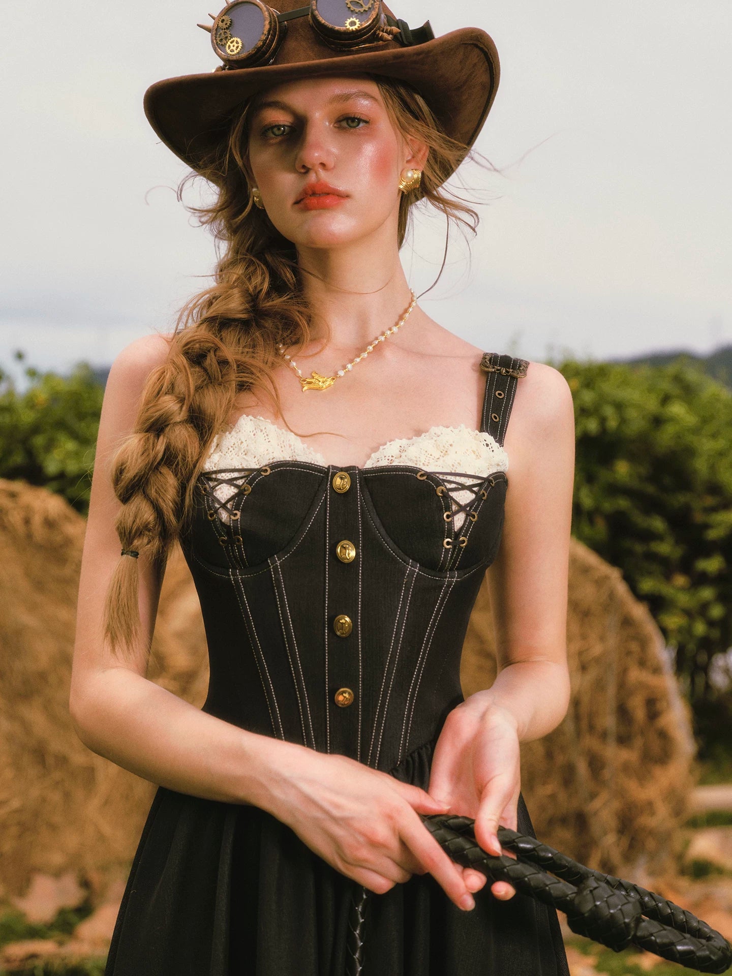 Boned Lace Denim Dress