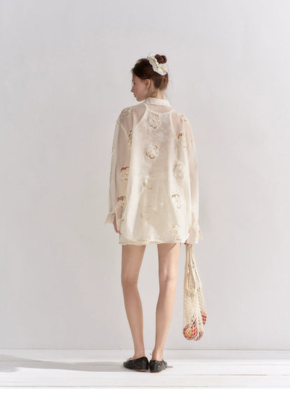 Hollow Floral Embroidered Polo Collar Two-Piece Set
