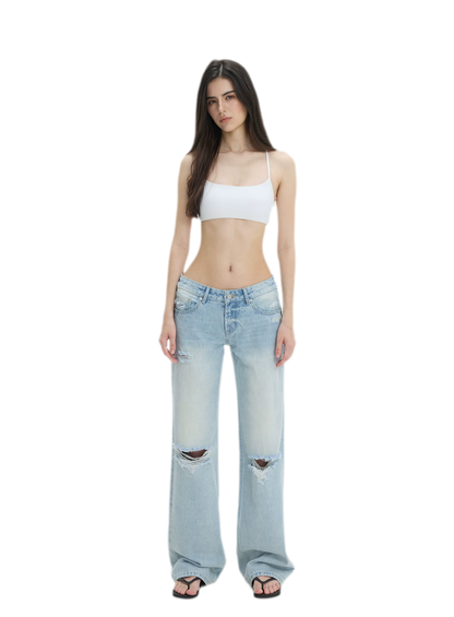 Washed Distressed Straight-Leg Jeans