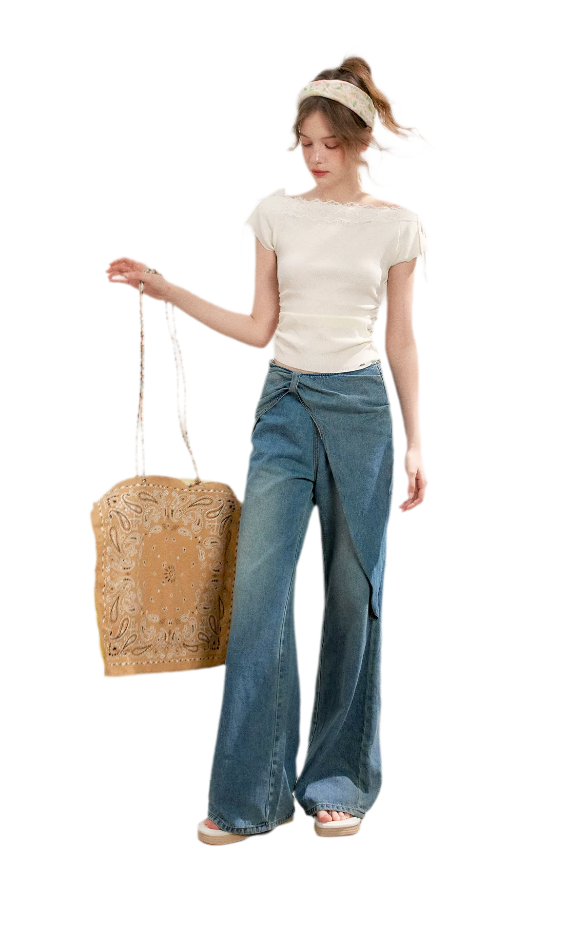 Soft Cotton Wide-Leg Jeans with Bow Detail