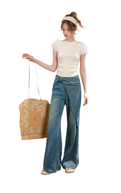 Soft Cotton Wide-Leg Jeans with Bow Detail