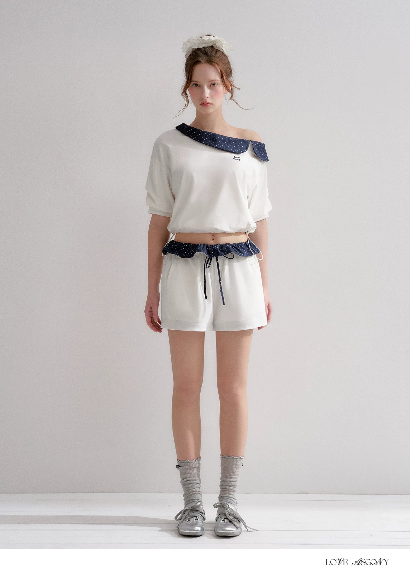 Vintage Polka Dot Asymmetric Short Sleeve Sweatshirt