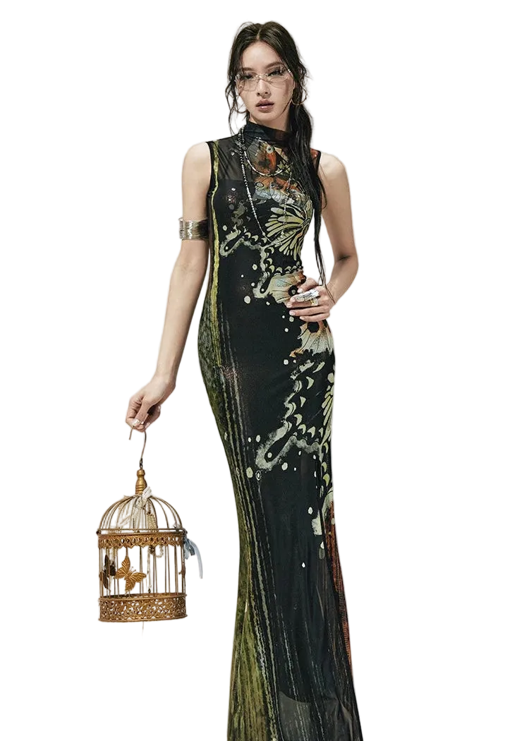Hand-Painted Butterfly Print Two-Piece Dress Set