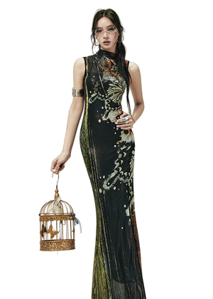 Hand-Painted Butterfly Print Two-Piece Dress Set