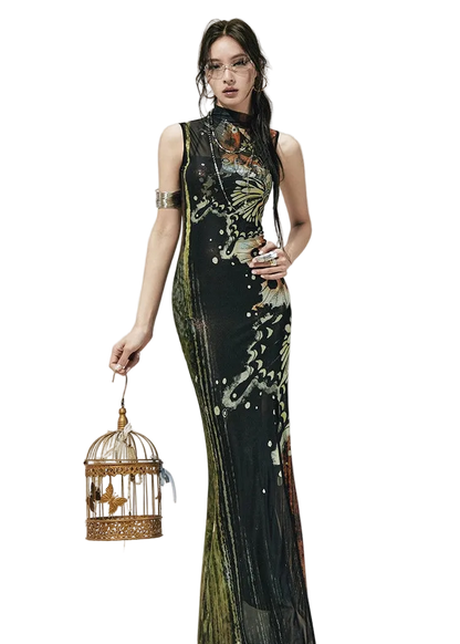 Hand-Painted Butterfly Print Two-Piece Dress Set