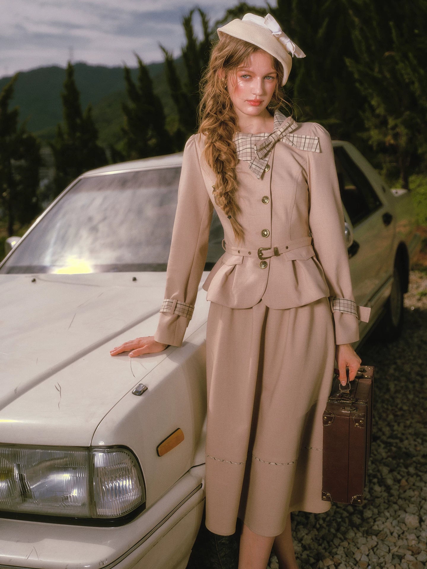 Vintage Belted Trench Skirt Set