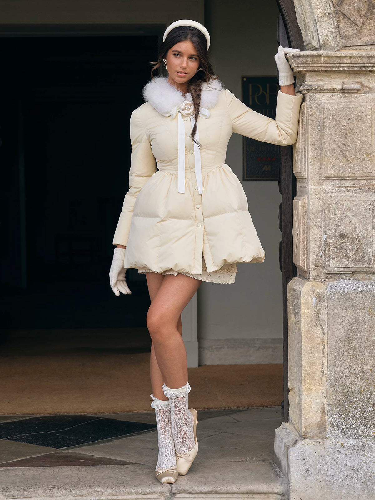 Satin Bow Fitted Down Coat — Load image 8 in gallery view