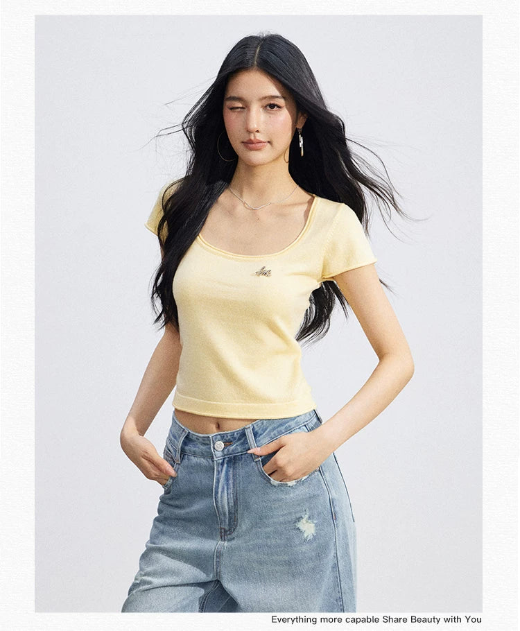 Candy Color U-Neck Short Sleeve T-Shirt