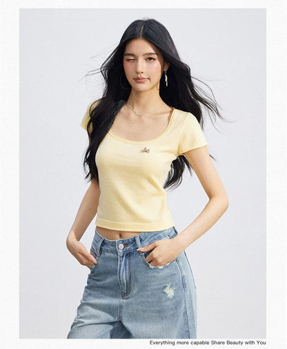 Candy Color U-Neck Short Sleeve T-Shirt