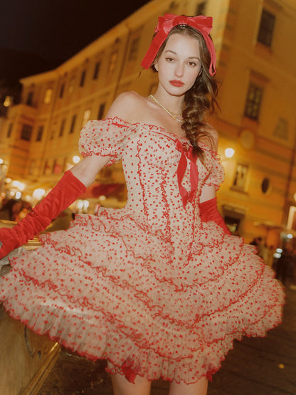 Flocked Bow Ruffle Dress
