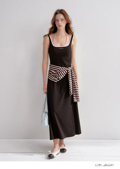 Contrast Color U-Neck Halter Knit Long Dress