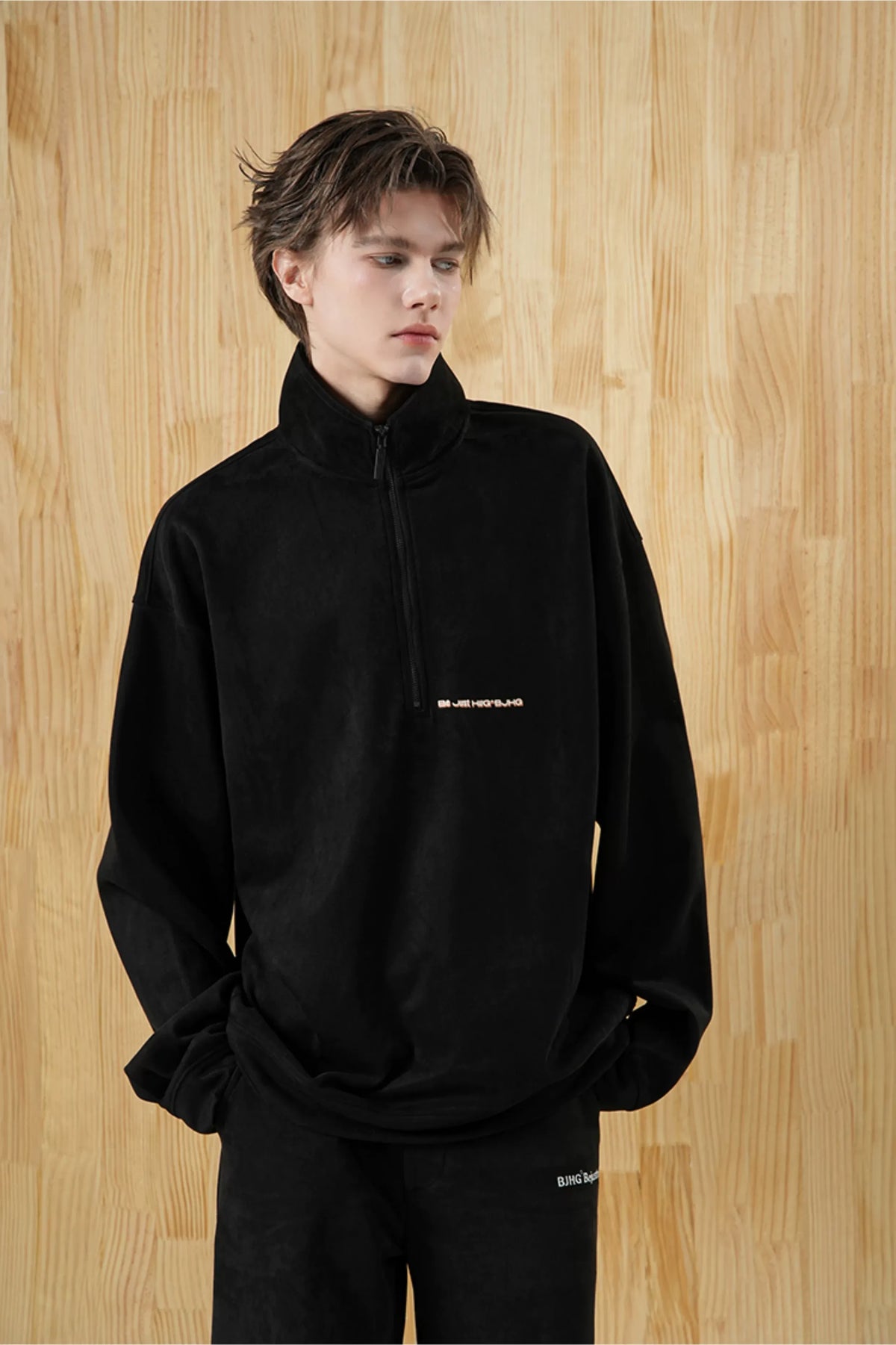 Faux Suede Oversize Polo Sweatshirt
