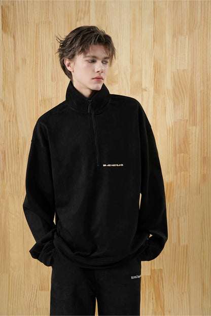 Faux Suede Oversize Polo Sweatshirt