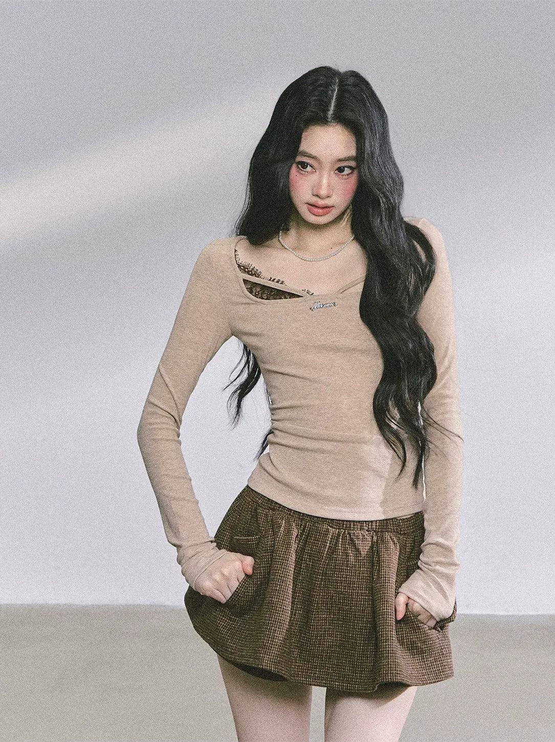 Lace Panel Fitted Long-Sleeve Top