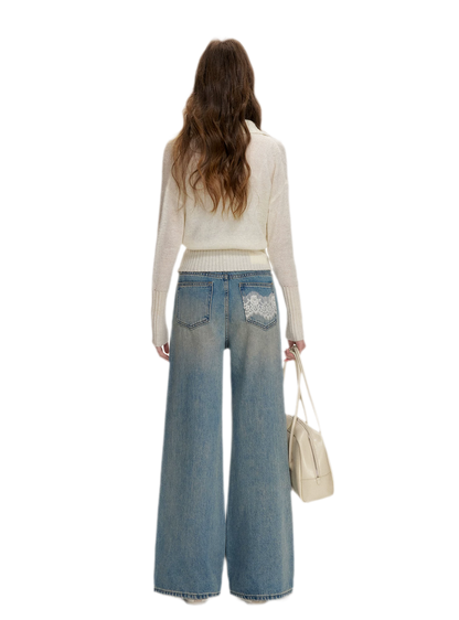 Lace-Trimmed Wide-Leg Denim Pants