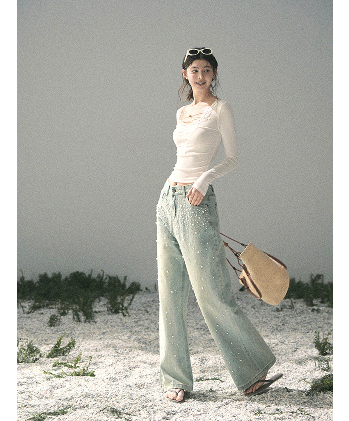 Washed Pearl Wide-Leg Jeans